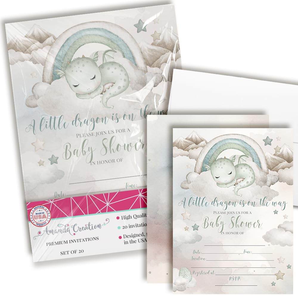 Little Dragon Baby Shower Invites for Boys, 20 5x7 Double Sided Fill In Enchanted Mystical Dragon Invitations with Twenty White Envelopes Gender