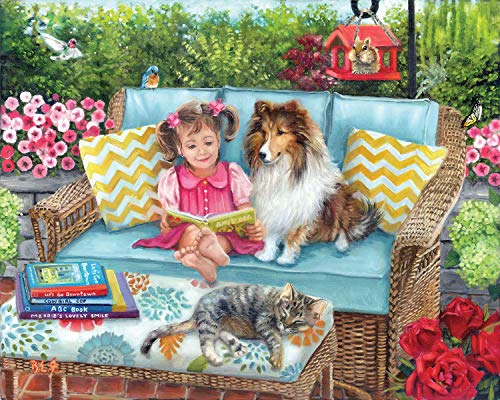 Bits and Pieces – Rompecabezas de 300 piezas para adultos – Escena de perro y gato en mobiliario de mimbre con niña libro – Artista Brooke Faulder – Tamaño armado: 18" x 24" miniatura 2