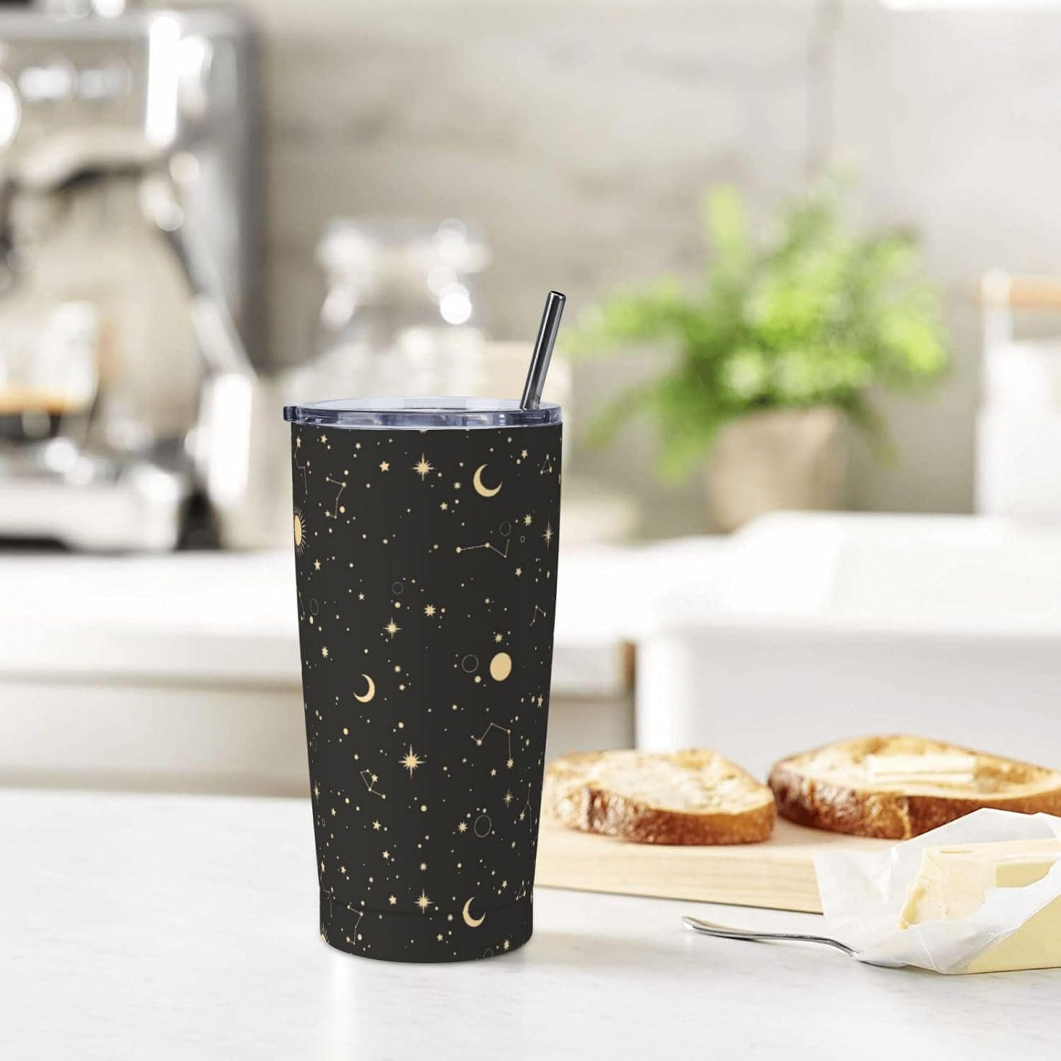 Starry Sky 20oz Tumbler with Lid and Straw for Women Men, Golden Stars Moon Sun Insulated Mug Starry Night Sky Stainless Steel Tumbler Double Wall Vacuum Travel Mug Coffee Cup - Image 6