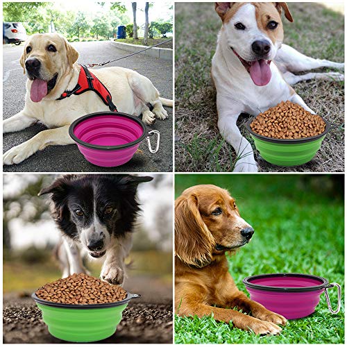 Image of SLSON Collapsible Dog Bowl, 2 Pack Collapsible Water Bowls for Cats Dogs, Portable Pet Feeding Watering Dish for Walking Parking Traveling with 2 Carabiners (Large, Green+Purple),Silicone,15X5X5 Cm