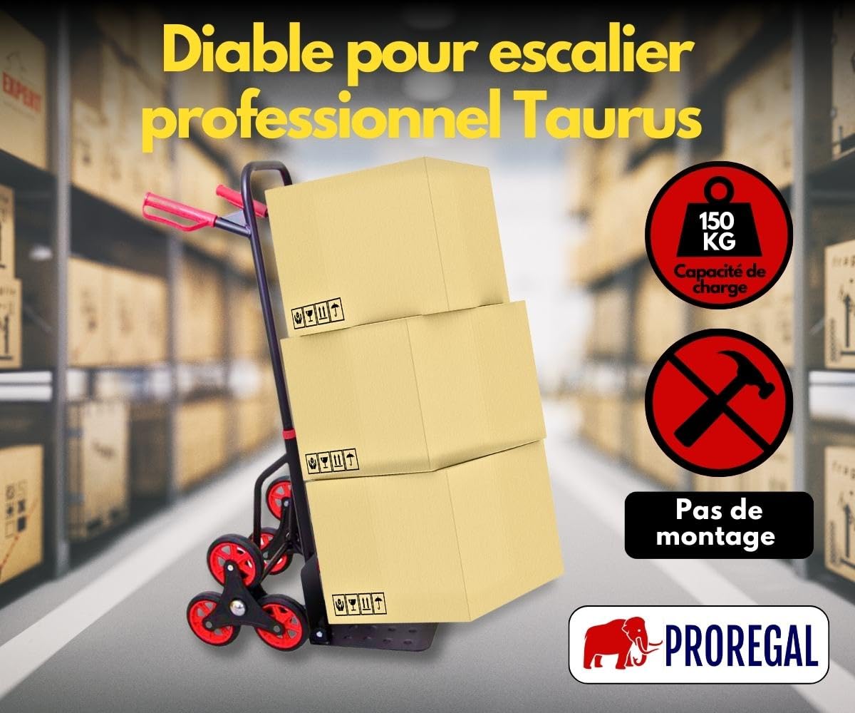 PROREGAL Diable Pro pour escaliers Taurus | HxLxP 110x45x61 cm | Capacité de Charge 150kg | Acier| TPR- Roues Caoutchouc| Rouge-Noir
