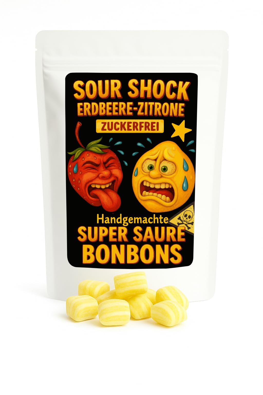 Bömskes Bonbonmanufaktur Super Saure Erdbeere-Zitrone Bonbons 180g - ZUCKERFREI – Extrem saure Bonbons mit Erdbeer-Zitrone Geschmack – Saure Süßigkeiten die Euch zusammenziehen lassen