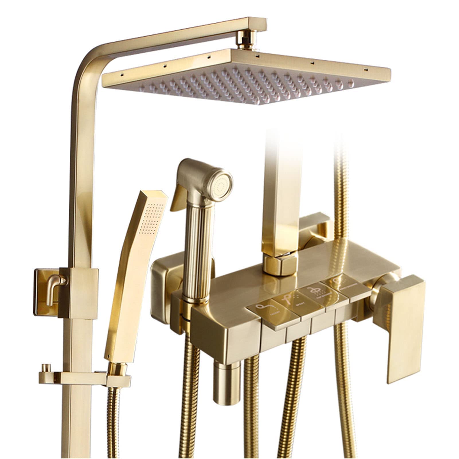 AYCDL Shower Faucet Set Brushed Gold, 8Inch Square Rainfall Shower Head with Hand Shower, Tub Spout, Bidet Sprayer, Wall Mounted Bathtub Faucet Set, Bathroom Mixer Ta