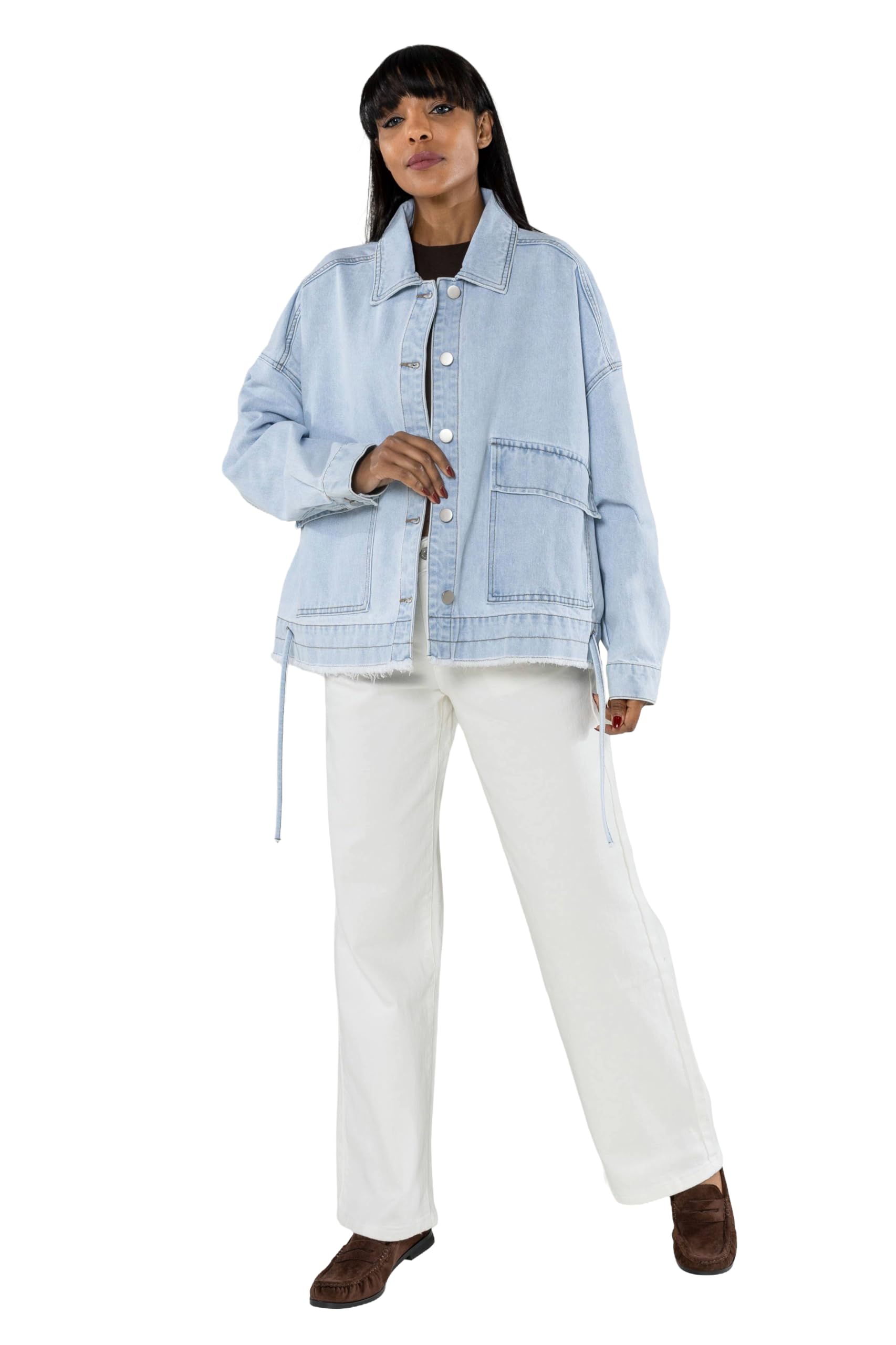 Nina Carter Chaqueta vaquera de gran tamaño para mujer, chaqueta vaquera suelta con botones y bolsillo grande, chaqueta informal de entretiempo para primavera y otoño