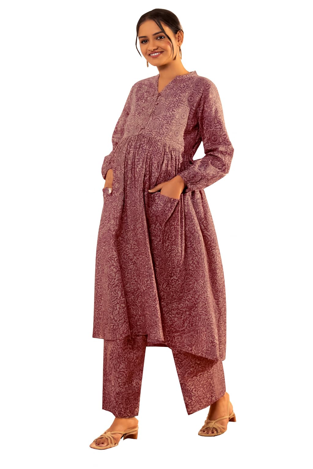 klubbies Women's Maternity Kurta Set with Pants, Purple Printed Cotton, Long Sleeve A-Line Nursing Friendly Ethnic Wear-picture-13