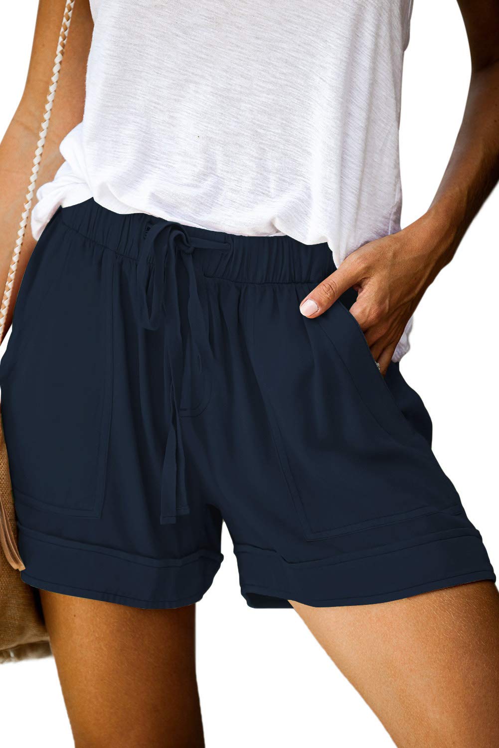 QUEEN PLUS Womens Casual Shorts Comfy Elastic Waist Drawstring Pocket Shorts Pants
