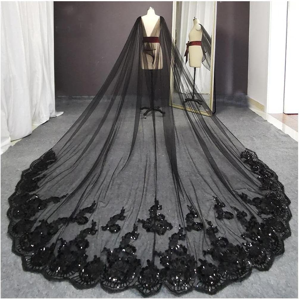Bruidssluier Zwarte lange sluiers Pailletten Kanten bruidssluier Multi-size bruidssluier 300cm/350cm/400cm Elegante bruidssluier van tule