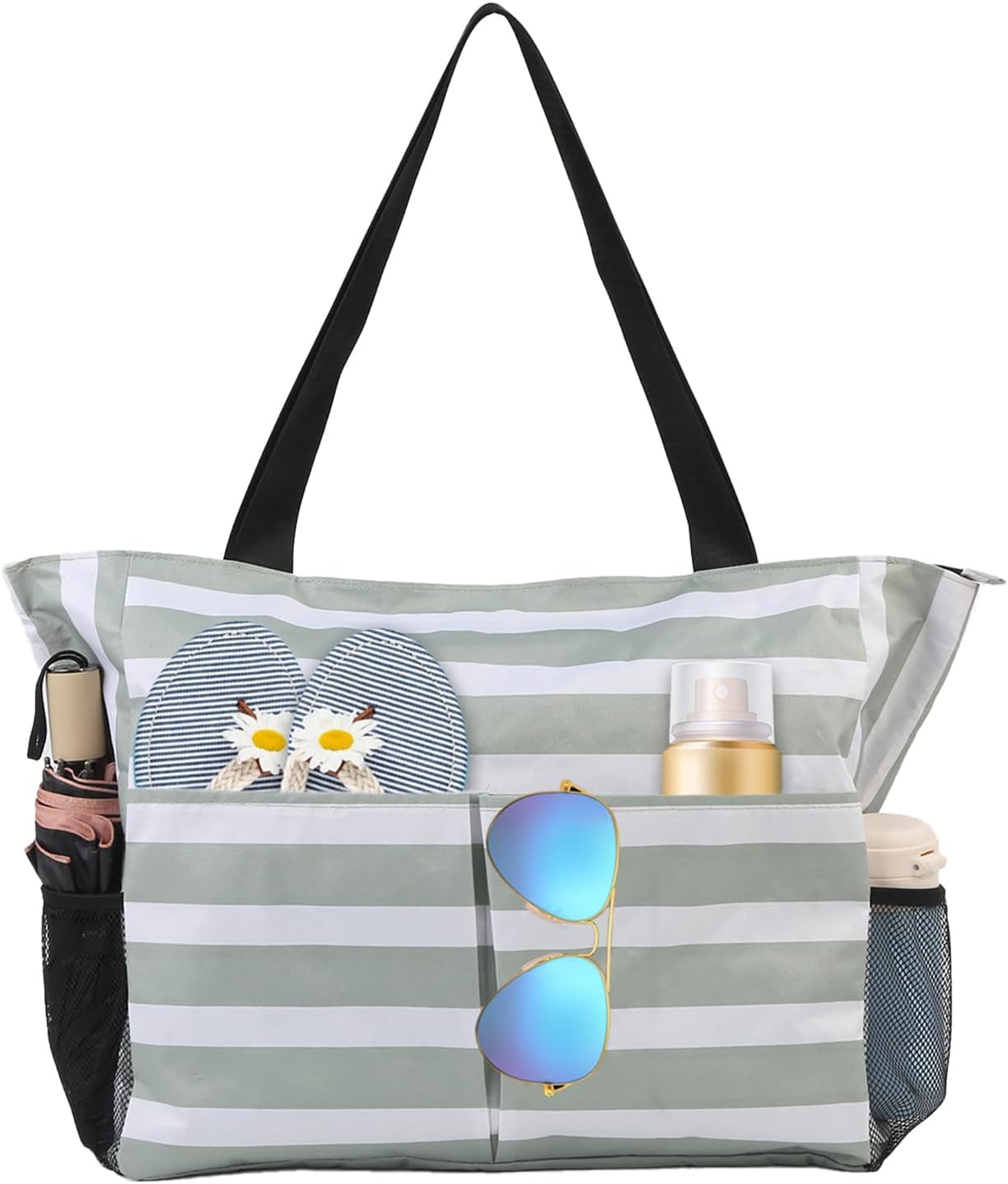 ager tote bag for women office work multipurpose shoulder bag with zipper pocket teacher travel grocery beach hobo bag waterproof sandproof lightweight pool bag (light green white strap)