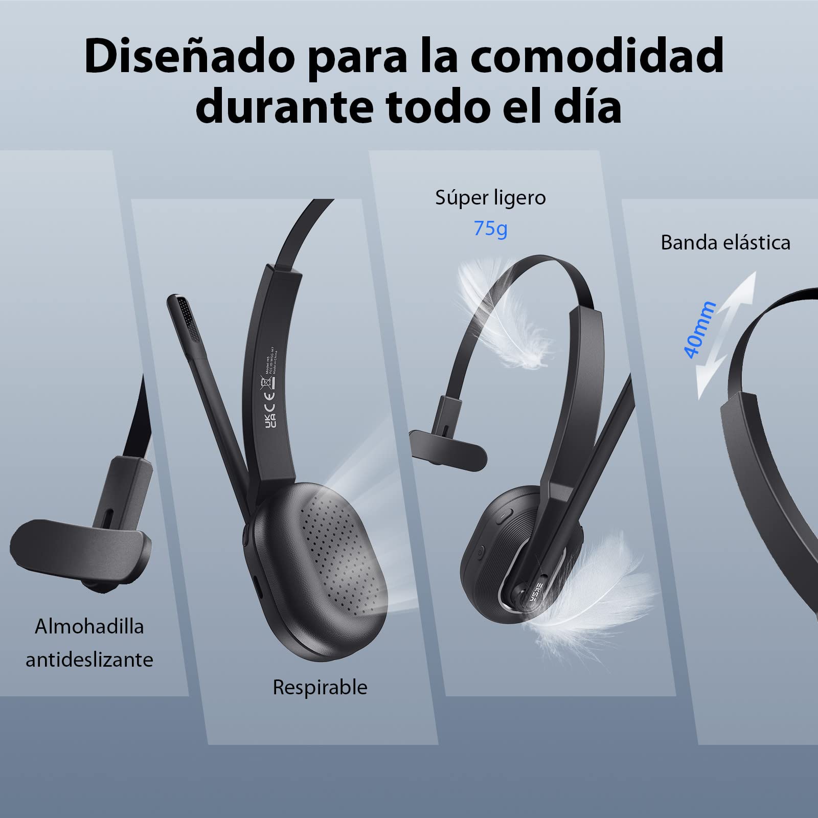 EKSA H5 Auriculares BT con Micrófono y USB Dongle 45 Tiempo de Reproducción Auriculares Inalambricos PC, Cascos con AI Micrófono Cancelación Comerciales para Oficina/Hogar