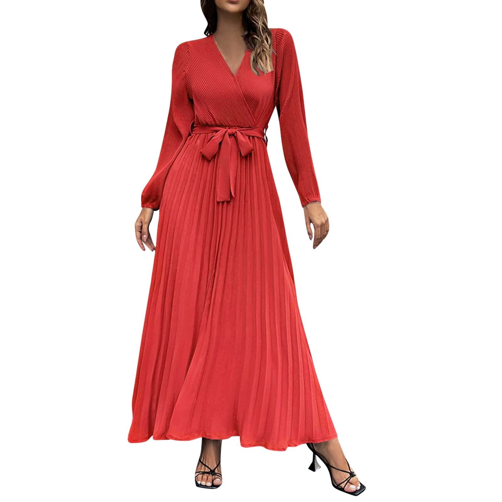 Summer Maxi Dress Women Women's Summer Maxi Dress - Long Sleeve Wrap  V-Neck, (Red) Flowy Pleated Cocktail Dress