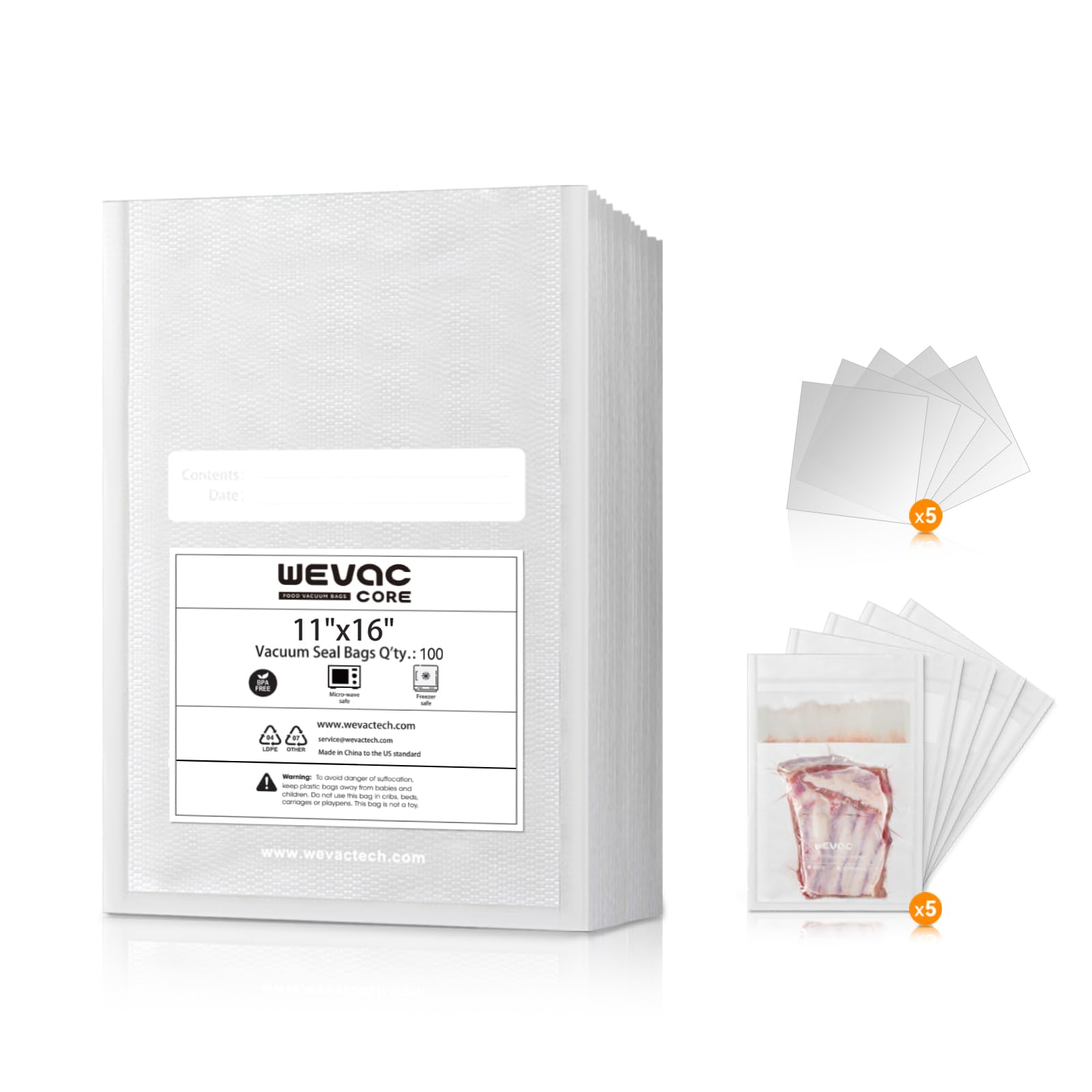Wevac 11" x 16" Precut Vacuum Sealer Bags, 100 Count, Includes 5 Liquid Block Bags &amp; 5 Bone Guard Pieces, Heavy Duty for Food Storage, Sous Vide &amp; Meal Prep