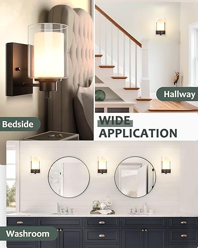 Miniatura 5 de Paquete de 2 lámparas de tocador de baño, 1 luz, luz de pared negra para interiores con pantalla de vidrio doble, aplique de pared de baño de