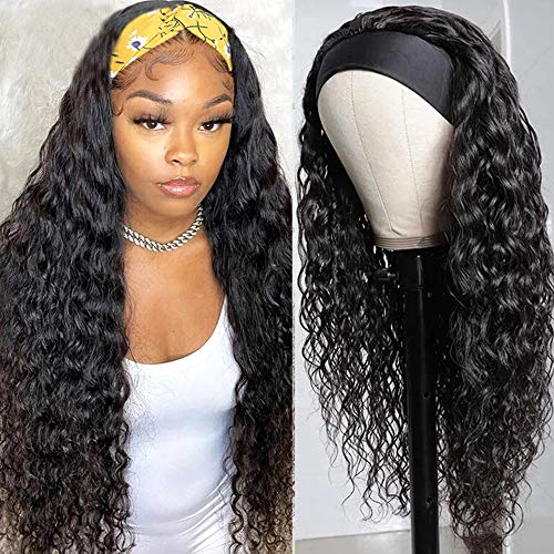 Wet and Wavy Headband Wigs Human Hair Brazilian Virgin Hair Water Wave Headband Wigs for Black Women 150% Density Glueless Non Lace Front Wigs Half Wig with Headband Curly Hair Band Wig 18inch