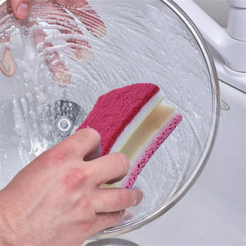Image of Non-Scratch Scrub Sponge with A Comfortable Grip, Heavy Duty Duel Sided Kitchen Scrubber Sponge Cellulose Scrub Sponge, Scratch Free, with Scouring Pad Set, 1 Sponge,Red /Pink