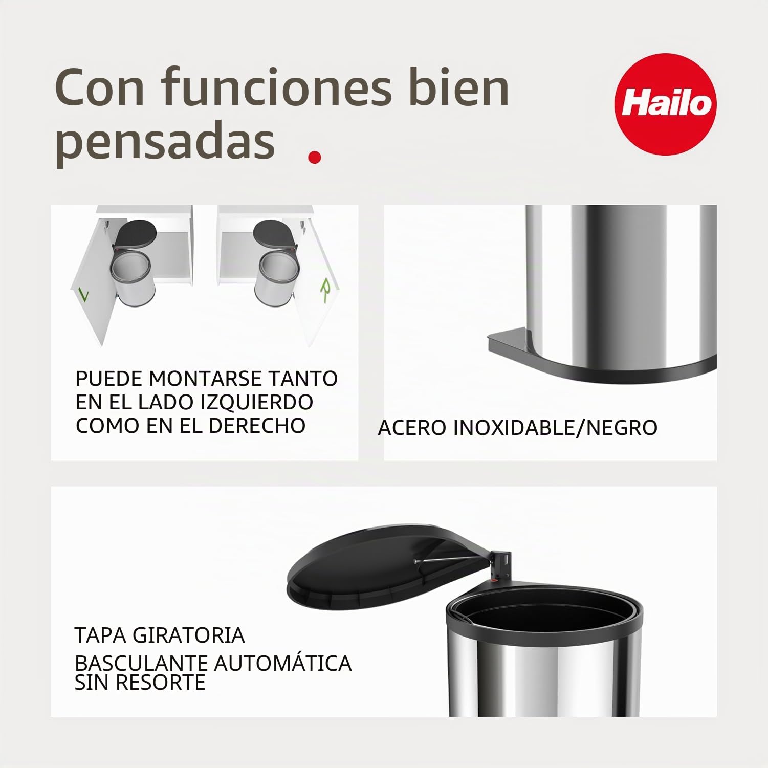 Hailo Mono Papelera de Cocina, Acero Inoxidable Pulido, Negro, Talla única