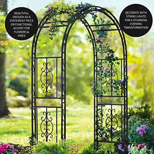 Plow & Hearth Arch Metal Outdoor Garden Arbor | Montebello | 7 Feet Tall | Gun-Metal | Iron Trellis Lattice for Climbing Plants | Wedding | Outdoor Patio Décor