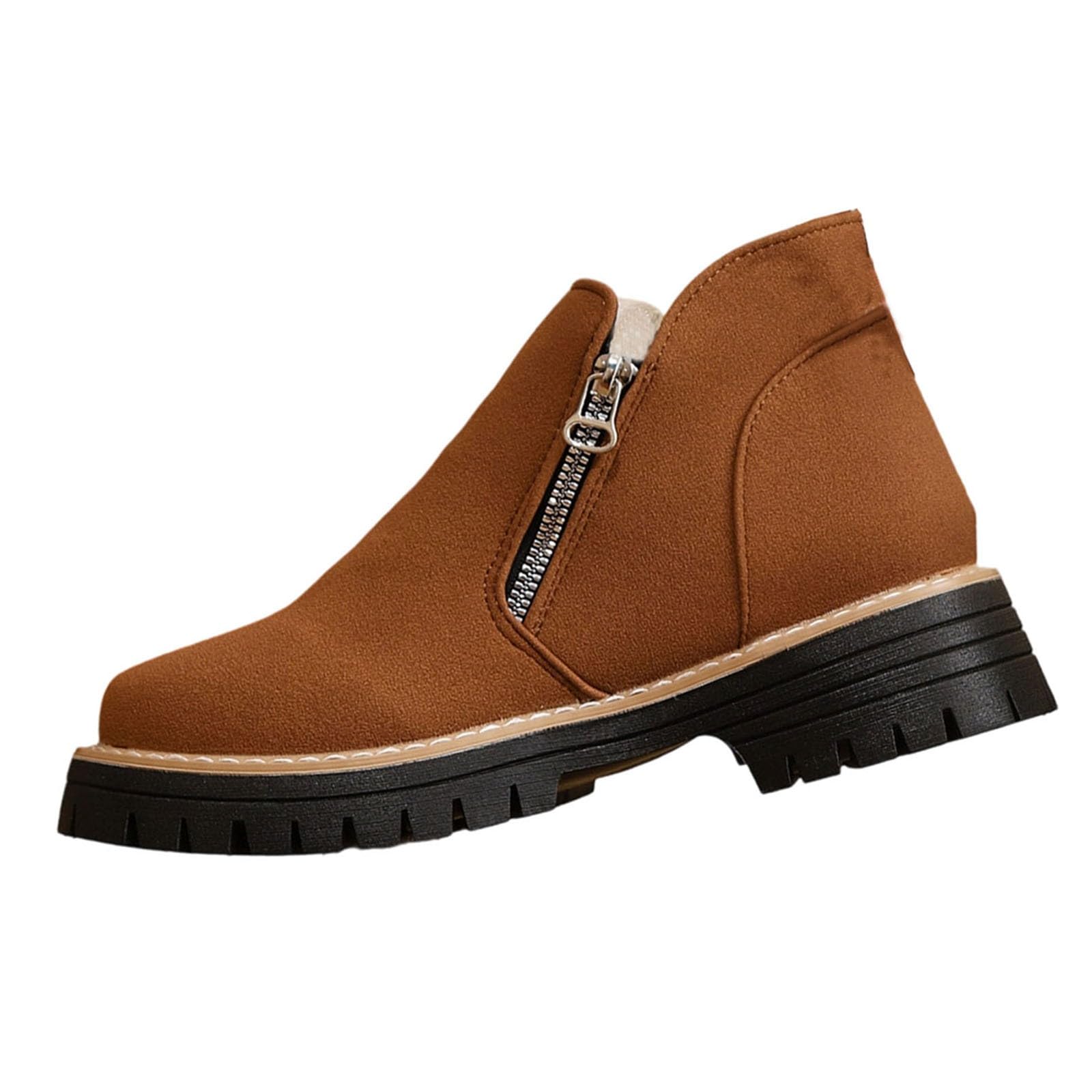 Womens Wide Width Ankle Booties Suede Lug Sole Low Block Heel Comfort Casual Pull On Side Zipper Fall