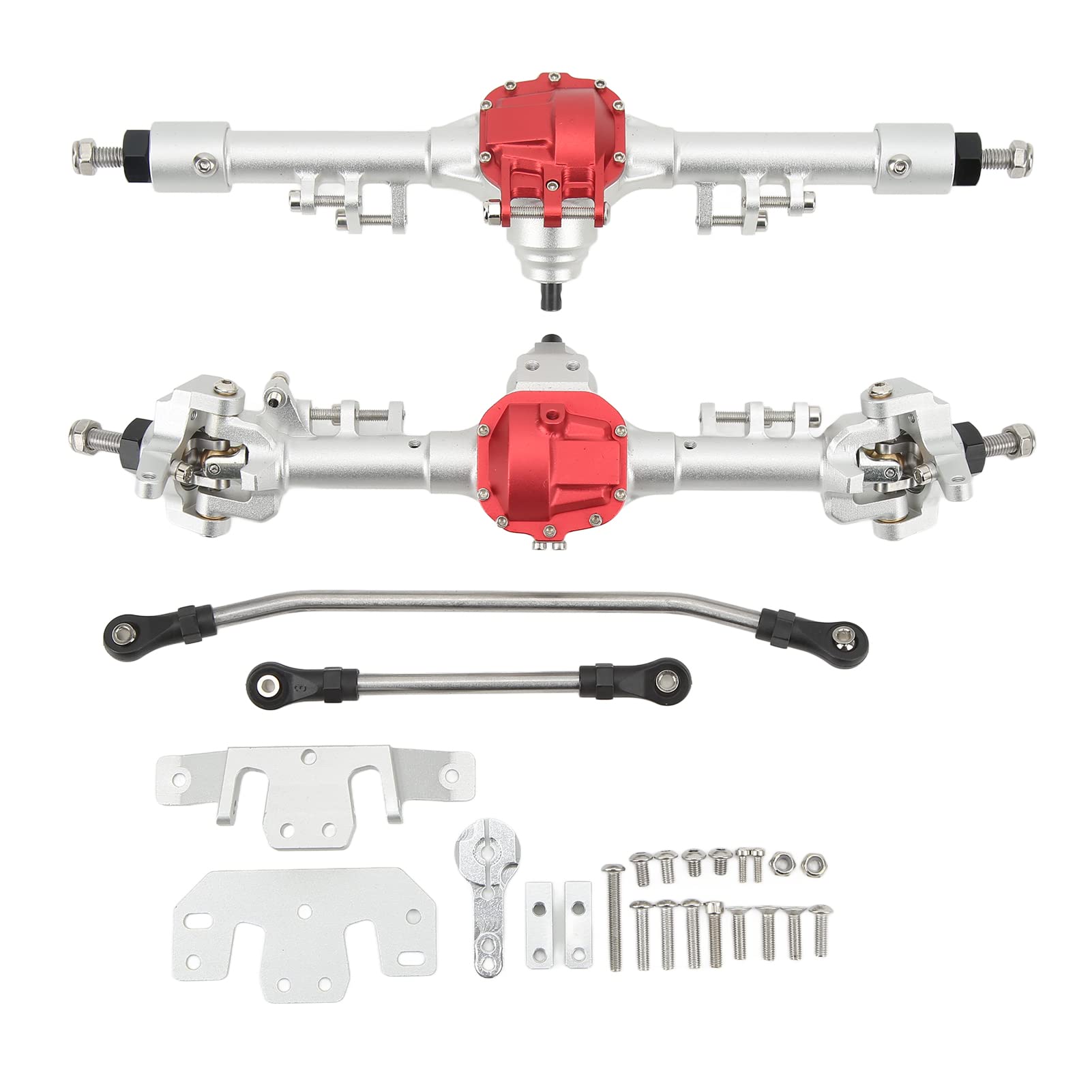 Zestaw przednich i tylnych osi RC z metalu, duży zintegrowany układ kierowniczy, oś samochodu RC do SCX10 II 90046 90047 D90 D1101/10 RC samochód gąsienicowy (srebrny czerwony)