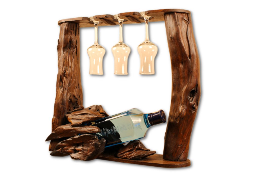 Kinaree Wurzelholz Flaschenhalter - Flaschenständer für 1 Flasche und 3 Gläser, für Wein, Likör oder Schnäpse - Geschenkidee für Geburtstag, Weihnachten oder Hochzeit