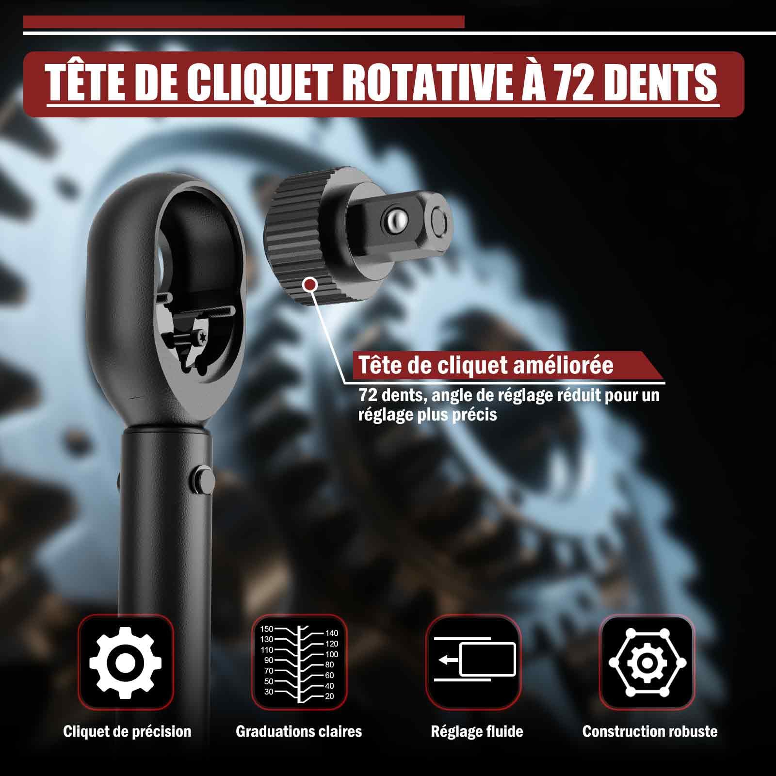 Clé Dynamométrique 1/2" 20-230 Nm - Cle Dynamometrique Voiture, Cliquet à 72 Dents, avec Barre D'extension 125mm & Adaptateur 1/2"-3/8" & Douilles 17mm/19mm/21mm, pour Voiture, Moto, Changer Les Pneus