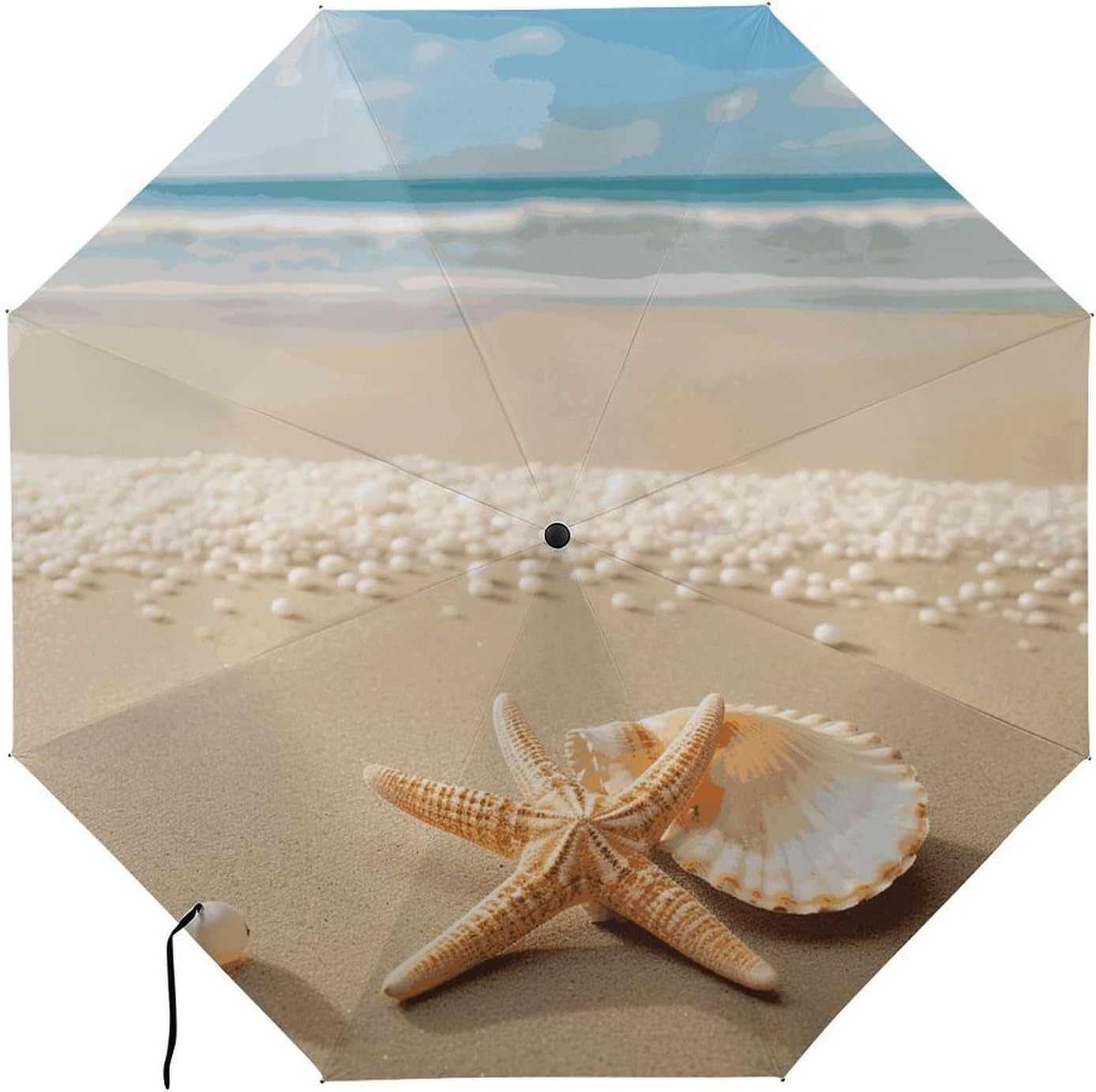 Starfish Shell And Beach Umbrella Extra Large Folding, Travel Umbrella Windproof, Compact, Golf Umbrella With Unique Patterns, Fashionable And Beautiful for Men And Women.