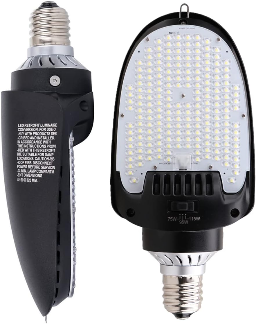 Adjustable 115W 95W 75W Bulb LED Shoebox Light Retrofit Kits 5000K E39 Rotatable Mogul Outdoor Security Corn Bulbs for Parking Lot, Canopy, Tennis Court Lighting, UL Listed (1 Pack)