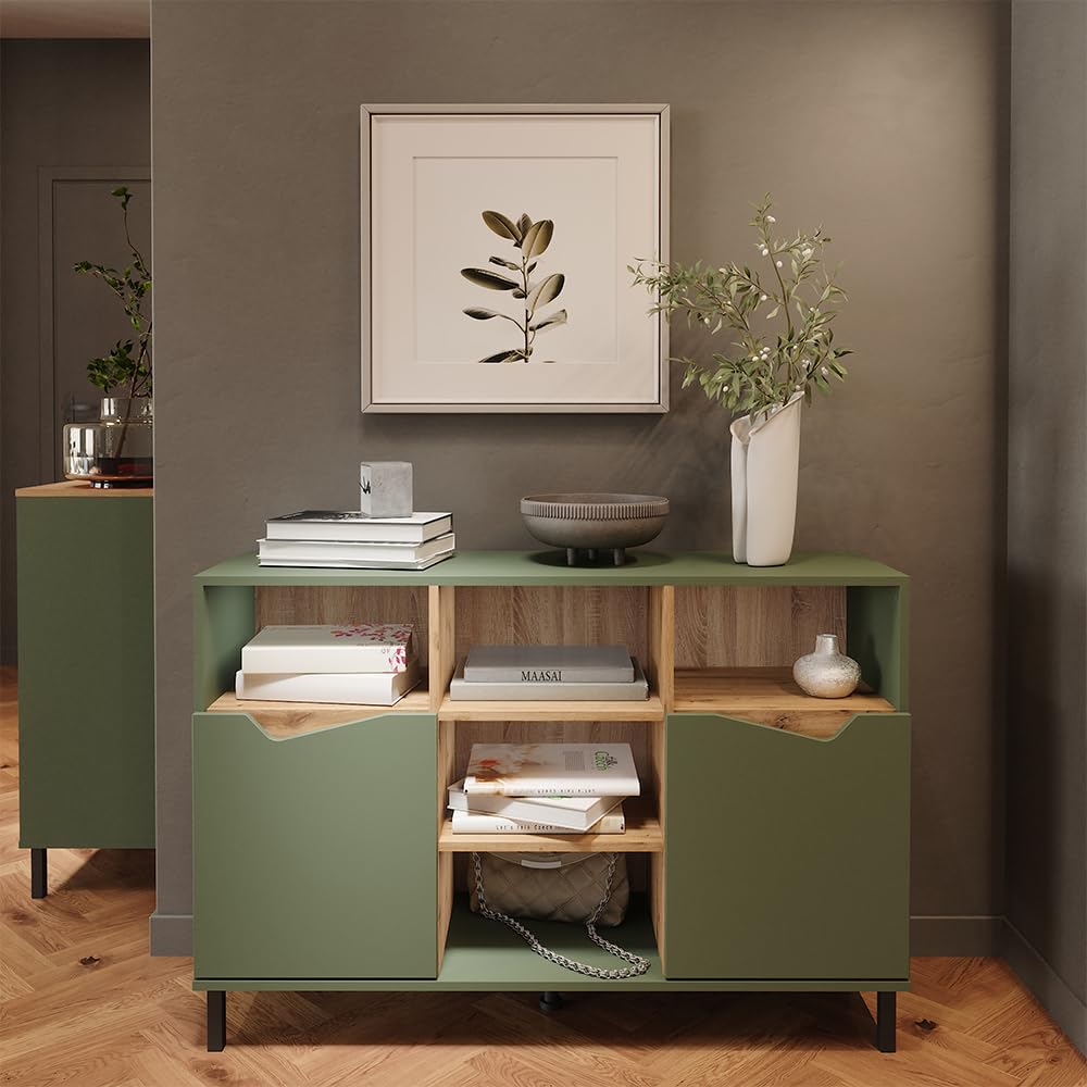 Vicco Credenza Marelle, Verde/Artigianale, 120 x 81.3 cm | con 2 porte, per la conservazione di abiti, libri o oggetti domestici