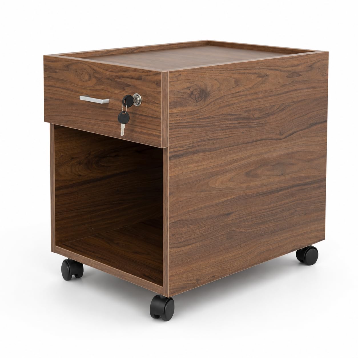 Cassettiera da ufficio con chiave e ruote, montata, cassettiera per scrivania, 40 x 51,5 x 56,6 cm (larghezza x altezza x profondità) (noce)