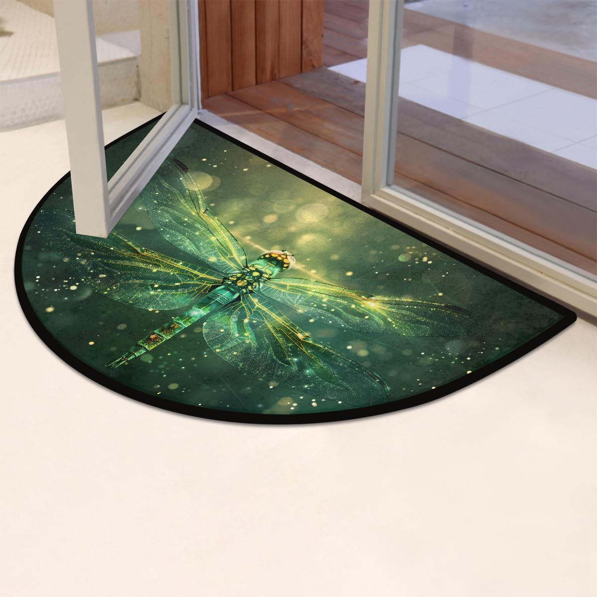 Pardick Half Round Doormat Semi Circle Rug Beautiful Dragonfly Animal Non Slip Indoor Outdoor Entrance Half Moon Rug Absorbent Durable Washable Front Floor Mat for Kitchen Bathroom Patio Fireplace