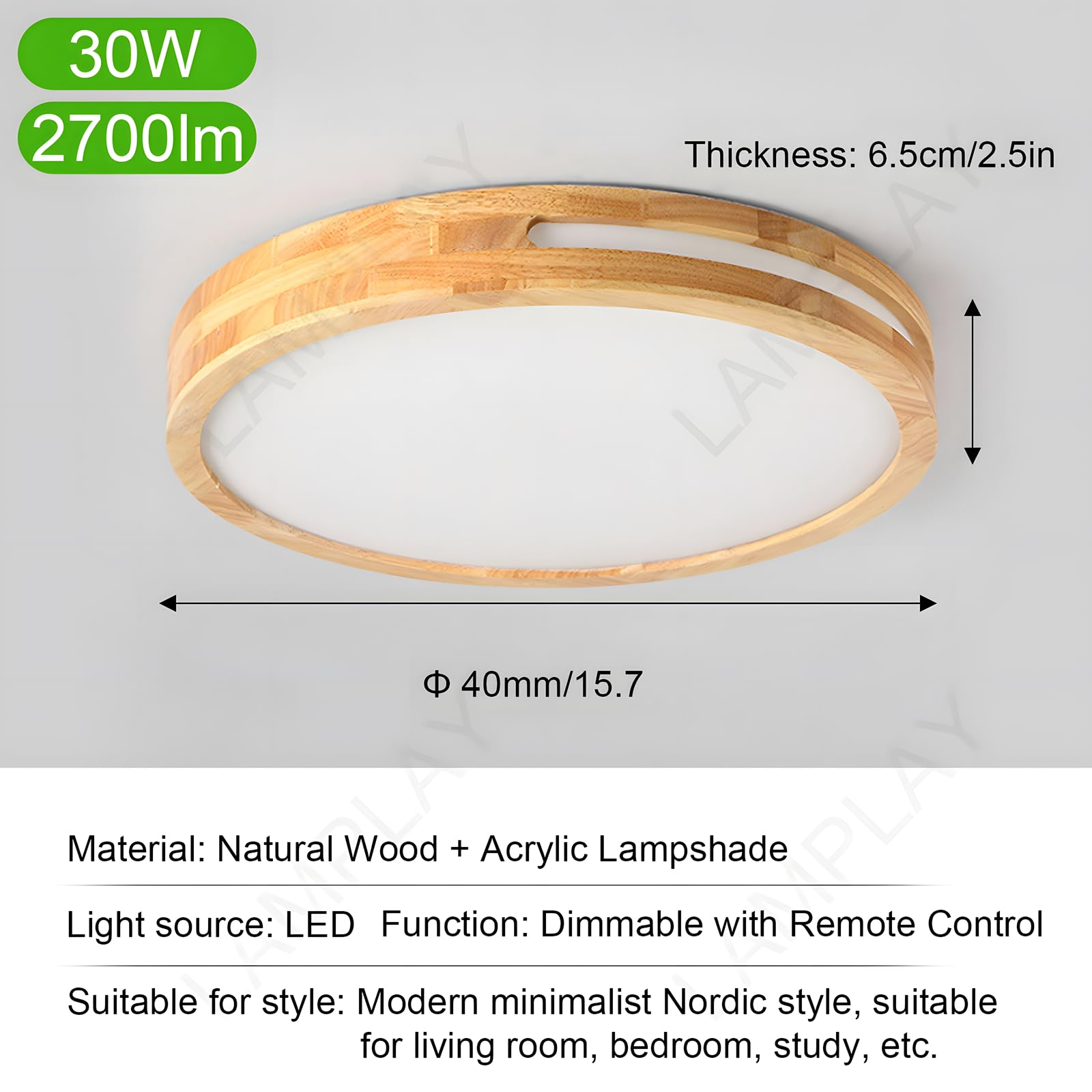 Lámpara De Techo Redonda De Madera, Ø40cm, Lámpara LED Regulable, Madera Natural Original, Control Remoto, 3000K-6000K, 30W, Diseño Hueco Lateral, Ideal Para Dormitorio Sala De Estar Estudio