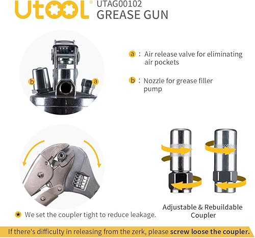 Miniatura 5 de UTOOL Pistola de engrase, kit de pistola de engrase resistente de 8000 PSI con capacidad de 14 onzas, manguera flexible de resina de 18 pulgadas, 2