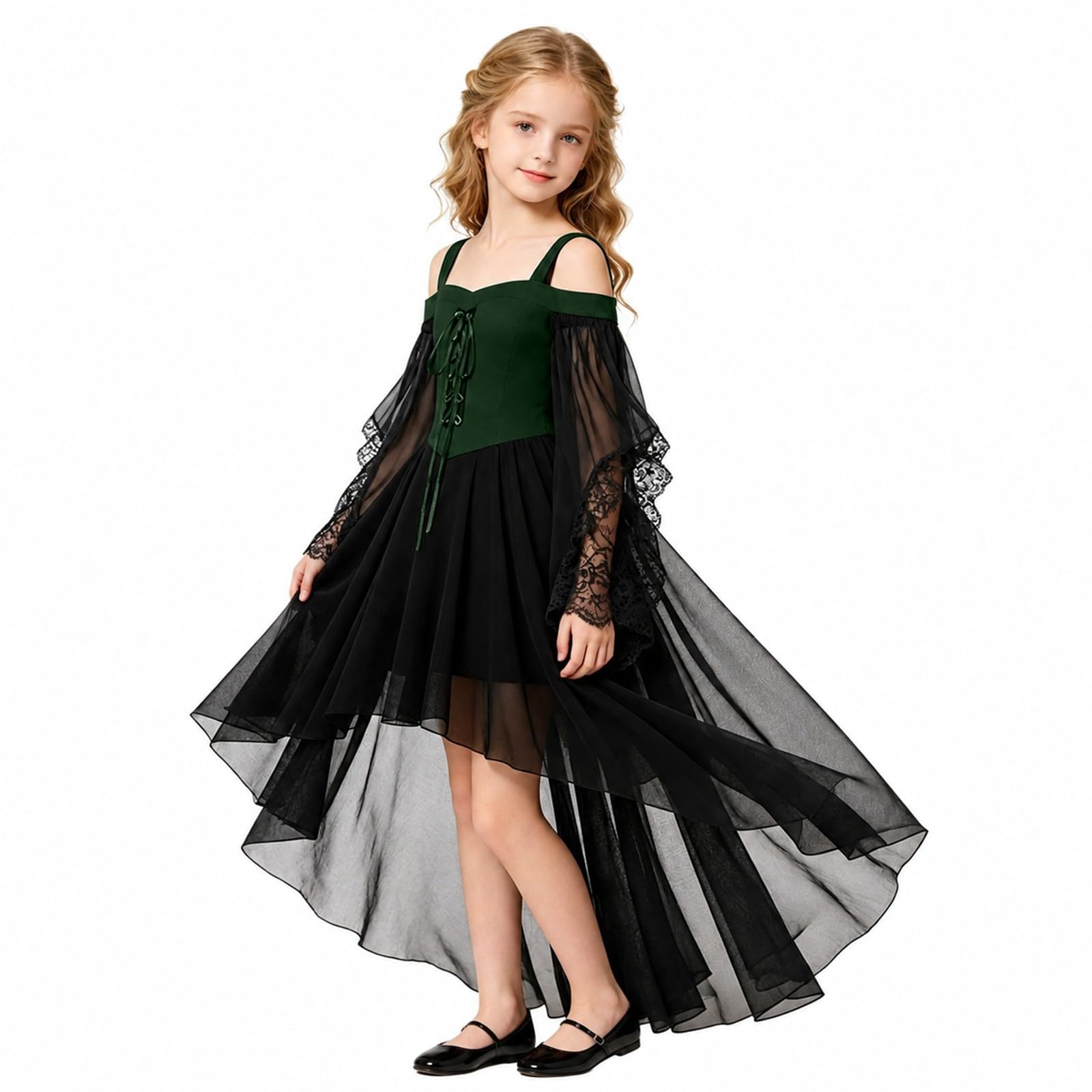Vokuhila - Vestito medievale per Halloween, per bambine, gotico, cosplay | Vestito da principessa per bambini, a maniche lunghe, con spalle scoperte, in pizzo, stile vittoriano, vampiro, carnevale
