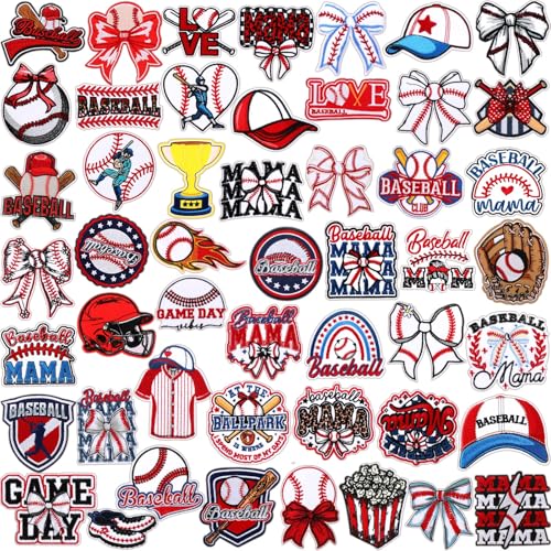 Wavwavw 50 Pcs Themed Iron on Patches Applique with Words Embroidered Sew on Cloth Colorful Multiple Styles Patches for Clothes Hats Backpacks Jackets Accessories Souvenirs Gifts(Baseball)