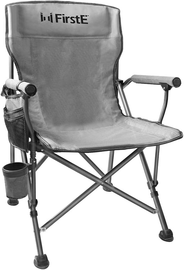 FirstE Portable Camping Chair, Durable Foldable Chair Heavy Duty Lawn Chair with Soft Foam Pad, Cup Holder and Side Pocket, Outdoor Chair for Camping, Beach, Fishing, Lawn, Picnic, Support 330lbs