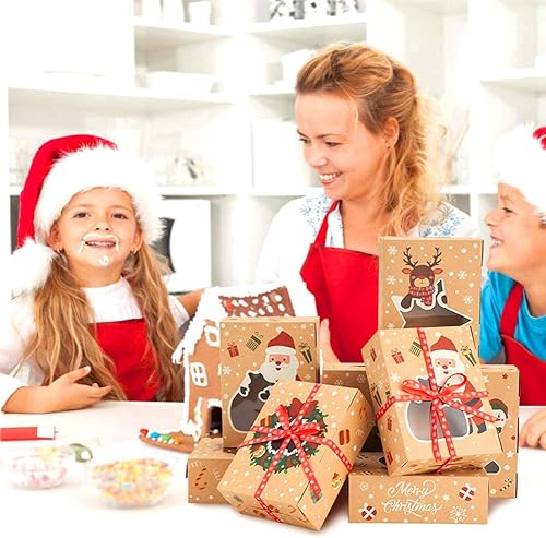 Miniatura 6 de CCINEE Cajas de galletas de Navidad, caja de regalo de papel kraft con cintas de ventana para suministros de regalo de dulces de panadería, paquete