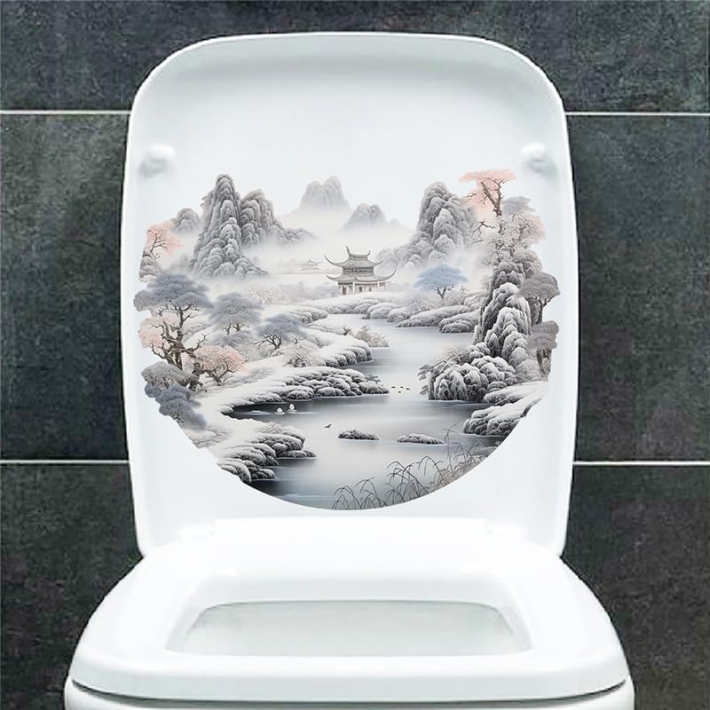 Landscape Painting Toilet Cover Sticker Decals,Retro Style Waterproof Toilet Lid Tank Seat Decals Cistern Self-Adhesive Bathroom Wall Sticker