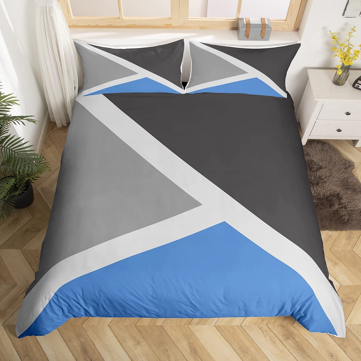 Homewish Geometric Triangle Duvet Cover Set with 2 Pillowcases - Double Size, 100% Soft & Breathable Polyester, Zip Closure - Blue Gray Bedding - Modern Simple Pattern with Black Reverse