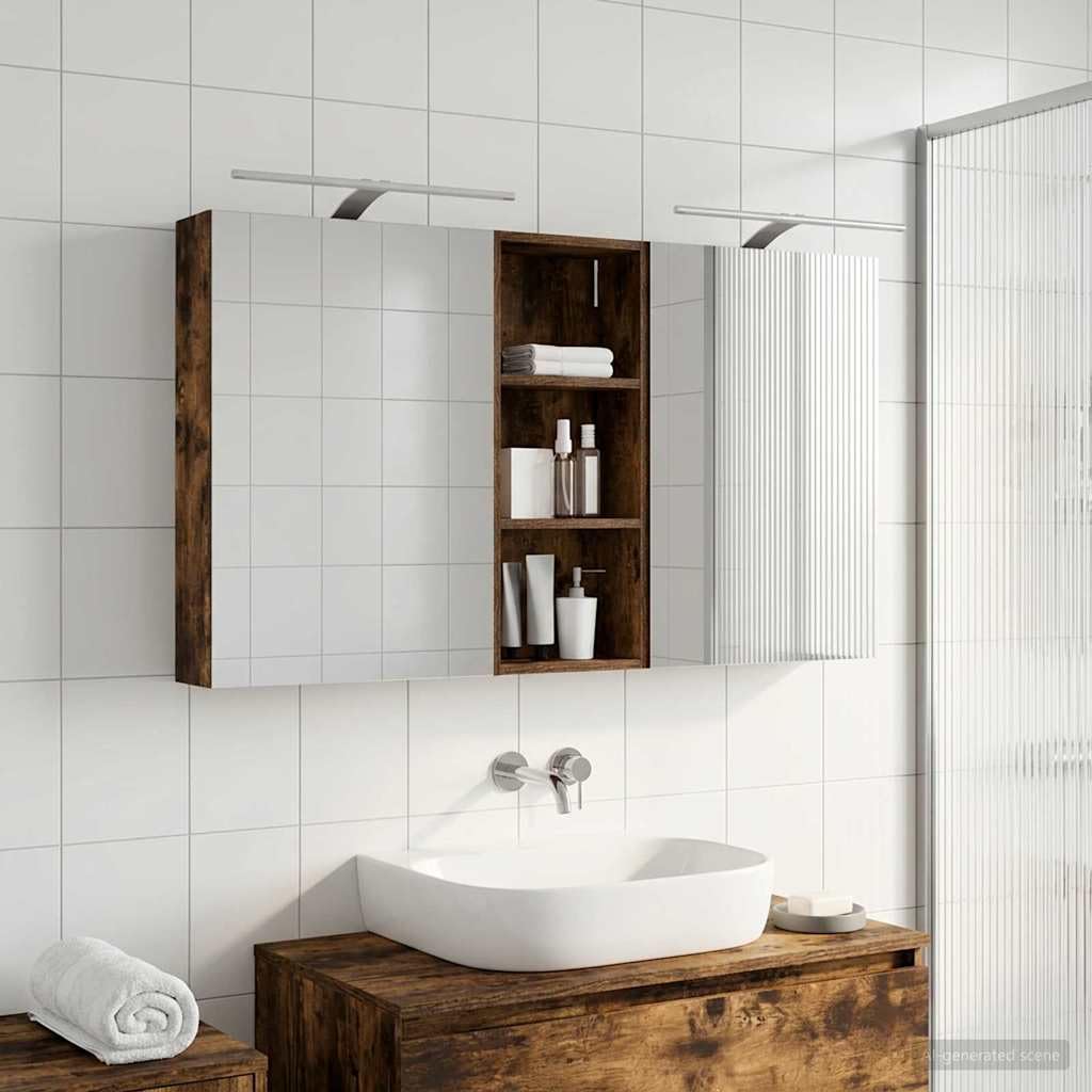 Zestaw umywalki, szafka pod umywalkę, wisząca szafka pod umywalkę, montowana na ścianie, z podwójnym lusterkiem, paski LED, 6 półek, 2 drzwi, materiał drewnopochodny, oszczędność miejsca dla
