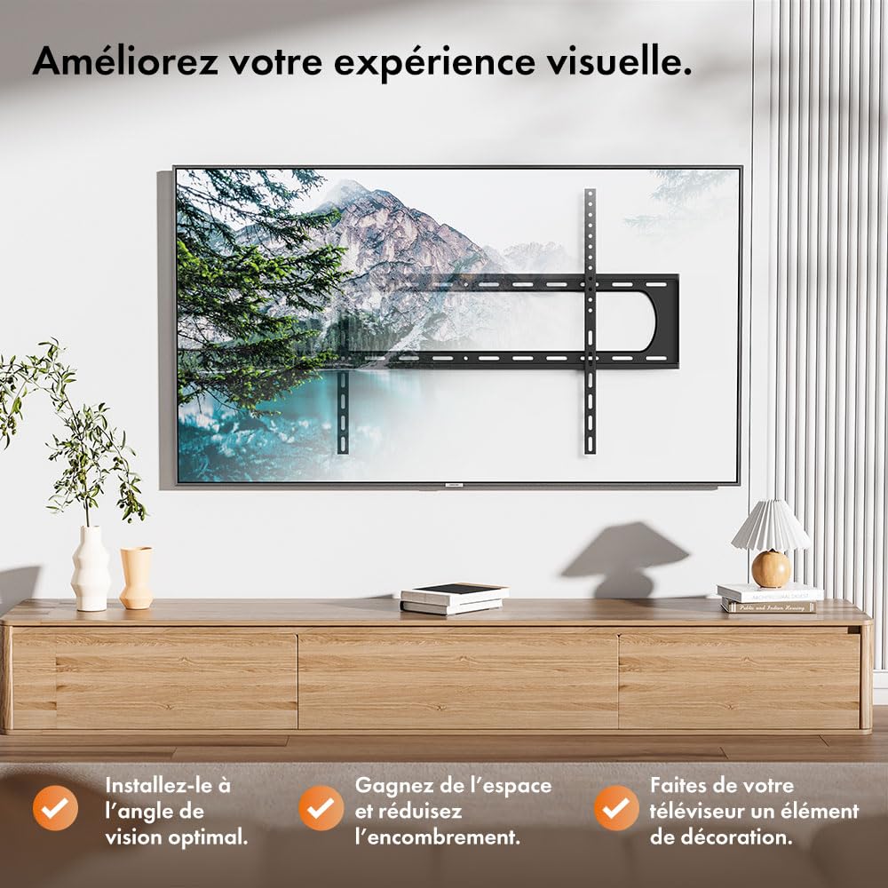 Vonhaus Support TV Mural pour Écrans 60-120 pounces, Ultra-Fin avec Niveau à Bulle, Fixation TV Murale Plate, Capacité 120kg, VESA Max : 900x600mm