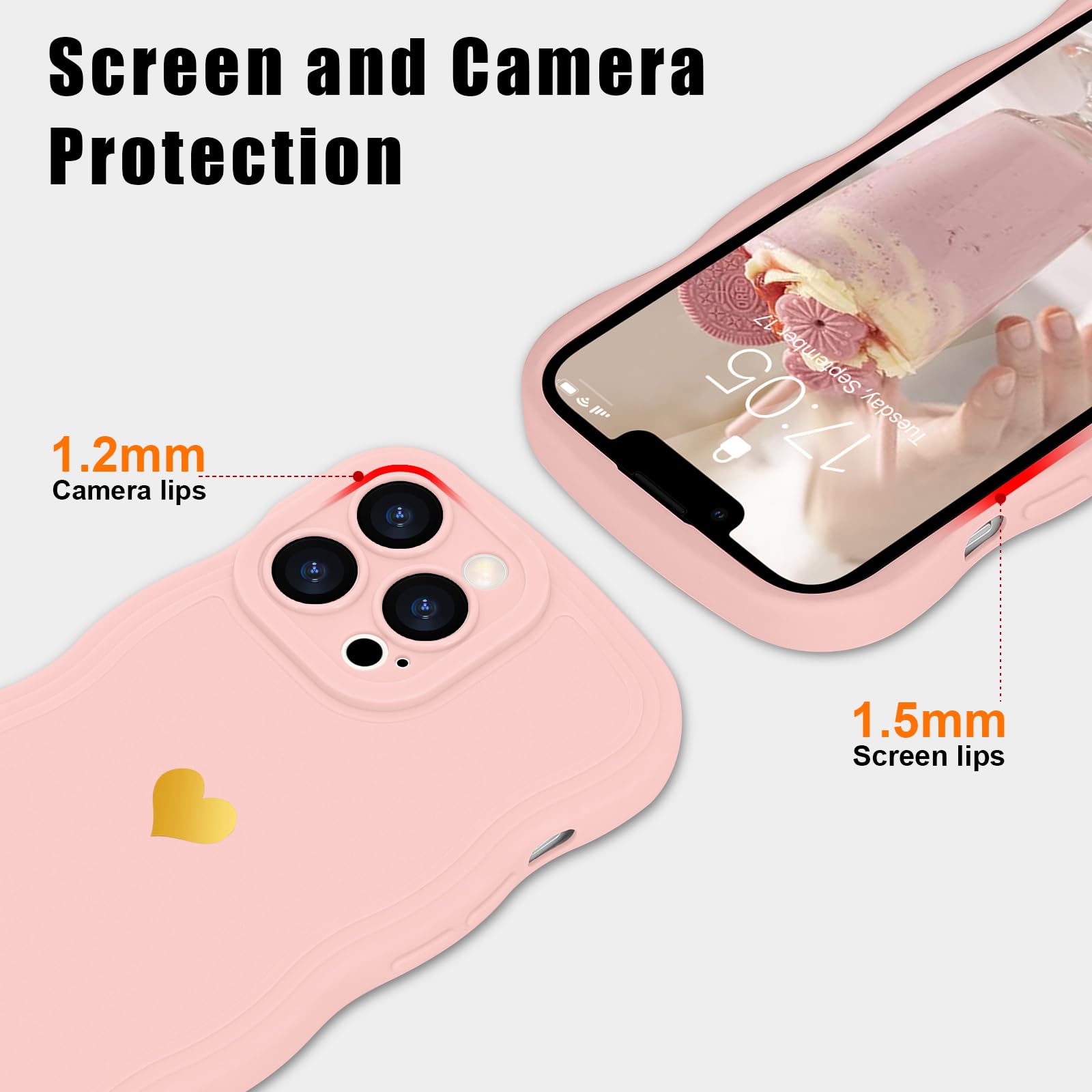 LAPOPNUT for iPhone 14 Pro Case,Cute Curly Wave Frame Love Heart Phone Case for Girls Women,Soft Silicone TPU Bumper Shockproof Camera Protective Cover for iPhone 14 Pro 6.1 inch,Pink - Image 3