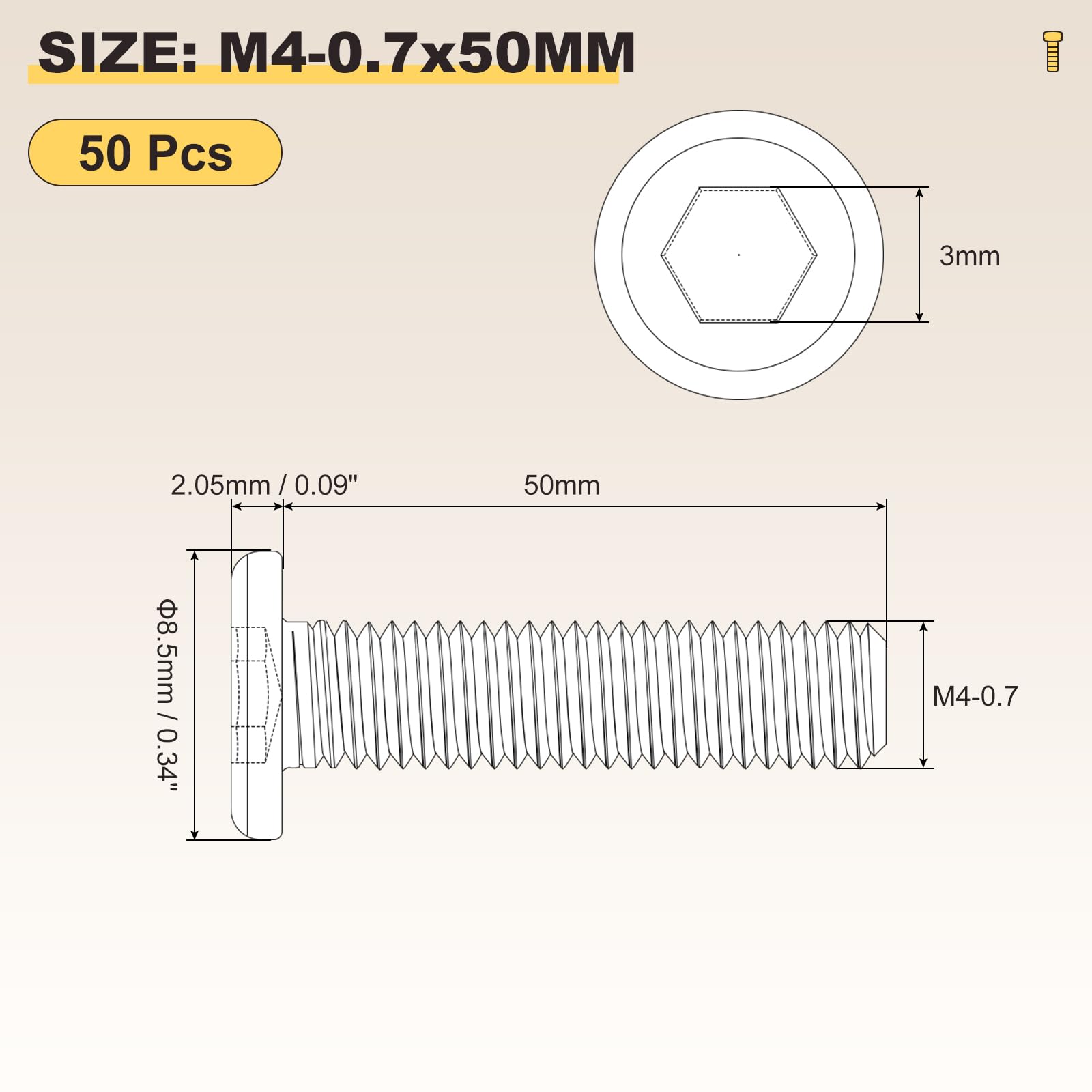 METALLIXITY Flat Head Hex Socket Cap Screws Bolts(M4-0.7x50) 50Pcs, 304 Stainless Steel Hex Socket Furniture Bolts Screws - Image 2