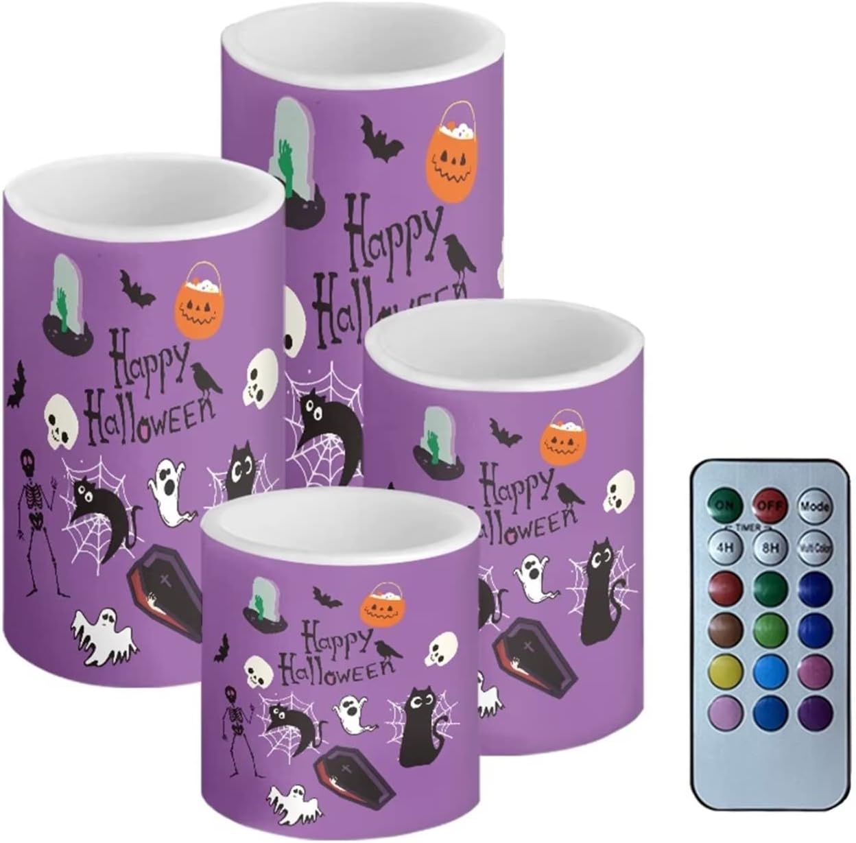 Cozeyat Happy Halloween Design Black Cat Design 4 Pieces Flameless Candles Set,Rel Led Wax Moving Led Candles with Remote Timer Tealights for Home Bedroom Parties Halloween Decor