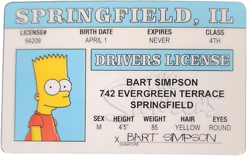 Signs 4 Fun Parody ID | Licencia de conducir de Bart | Tarjeta de identificación falsa | Licencia de conducir coleccionable | Regalo novedoso para