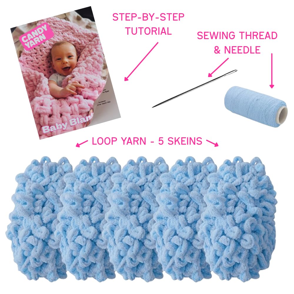 Anfänger-Bastelset - Easy Loop Garn Baby Decke Kit für Erwachsene & Kinder, DIY Armstrickset mit weichem Chenille-Garn, perfektes handgemachtes Geschenk (Blau)