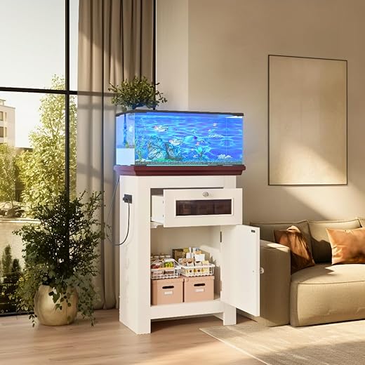 10-15 Gallon Fish Tank Stand with Power Outlets, Aquarium Table with Storage Cabinet & Drawer, 198LBS Capacity Terrarium Stand with USB Ports (Beige + Brown)