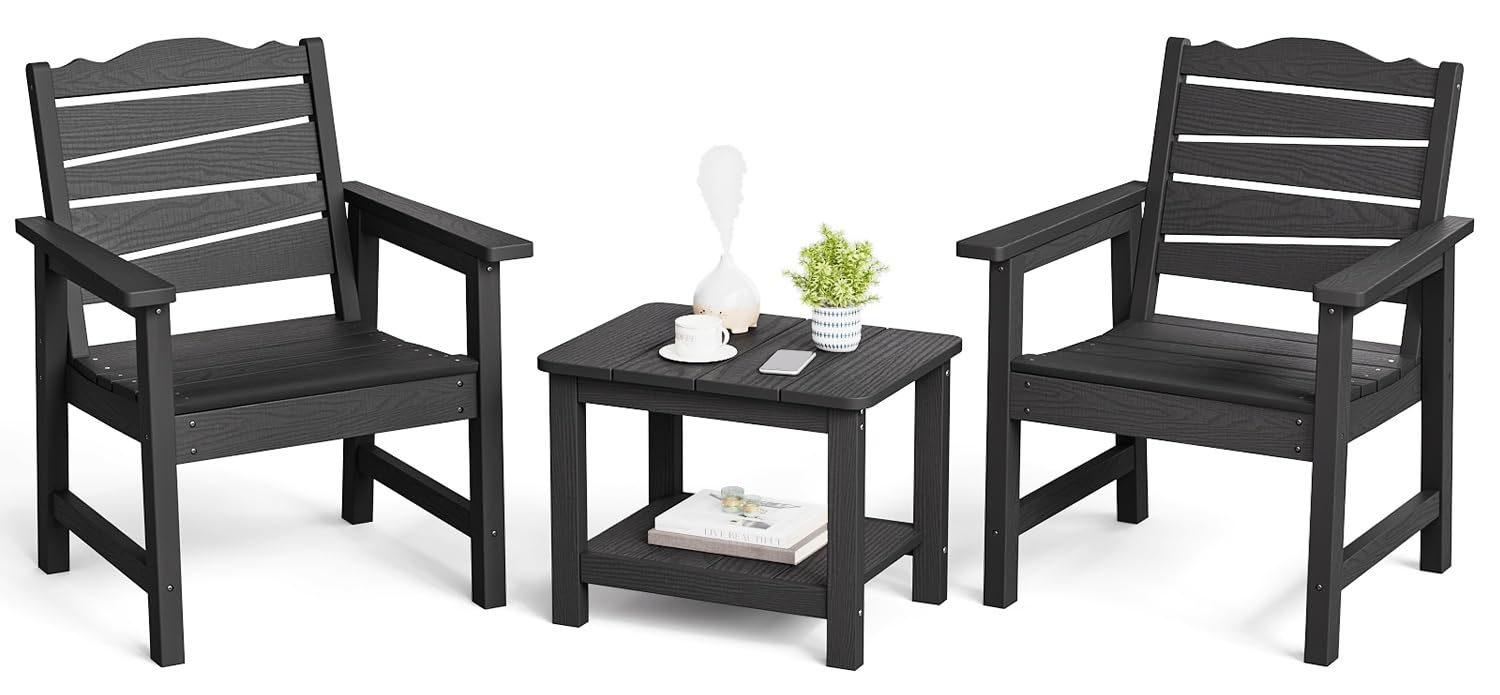 Patio Chairs Set, 3 Pieces Weatherproof HIPS Outdoor Furniture in Black