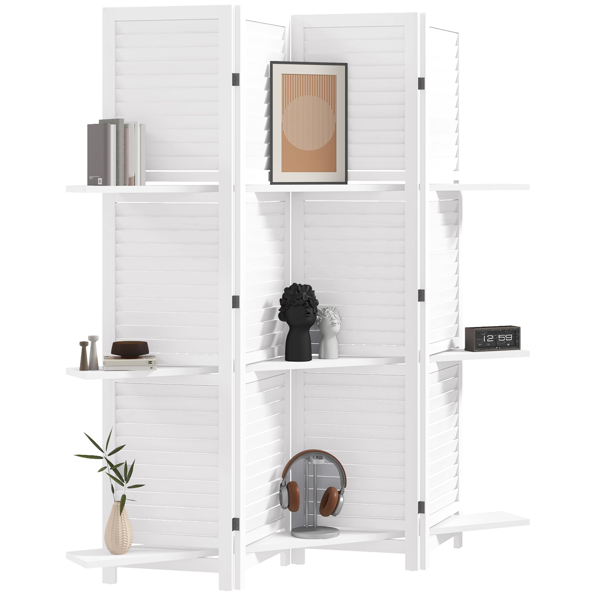 homcom room divider, 4 panel 67" tall wood privacy screen with 3 display shelves, and folding storage for bedroom or home office, white