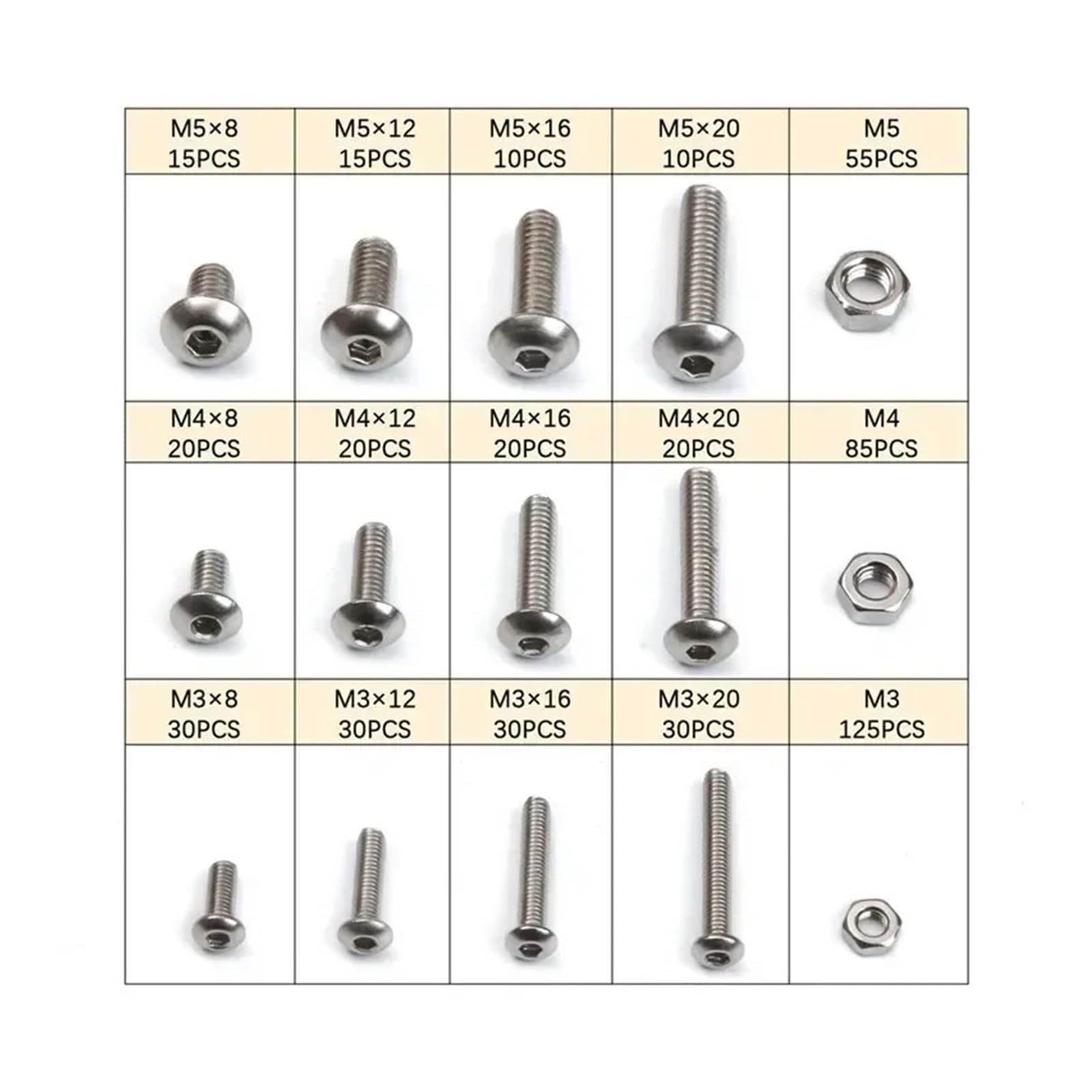 Juego de pernos y tuercas de 515 Uds M3 M4 M5 tornillos de cabeza de botón hexagonal de acero inoxidable Kit surtido de tornillos