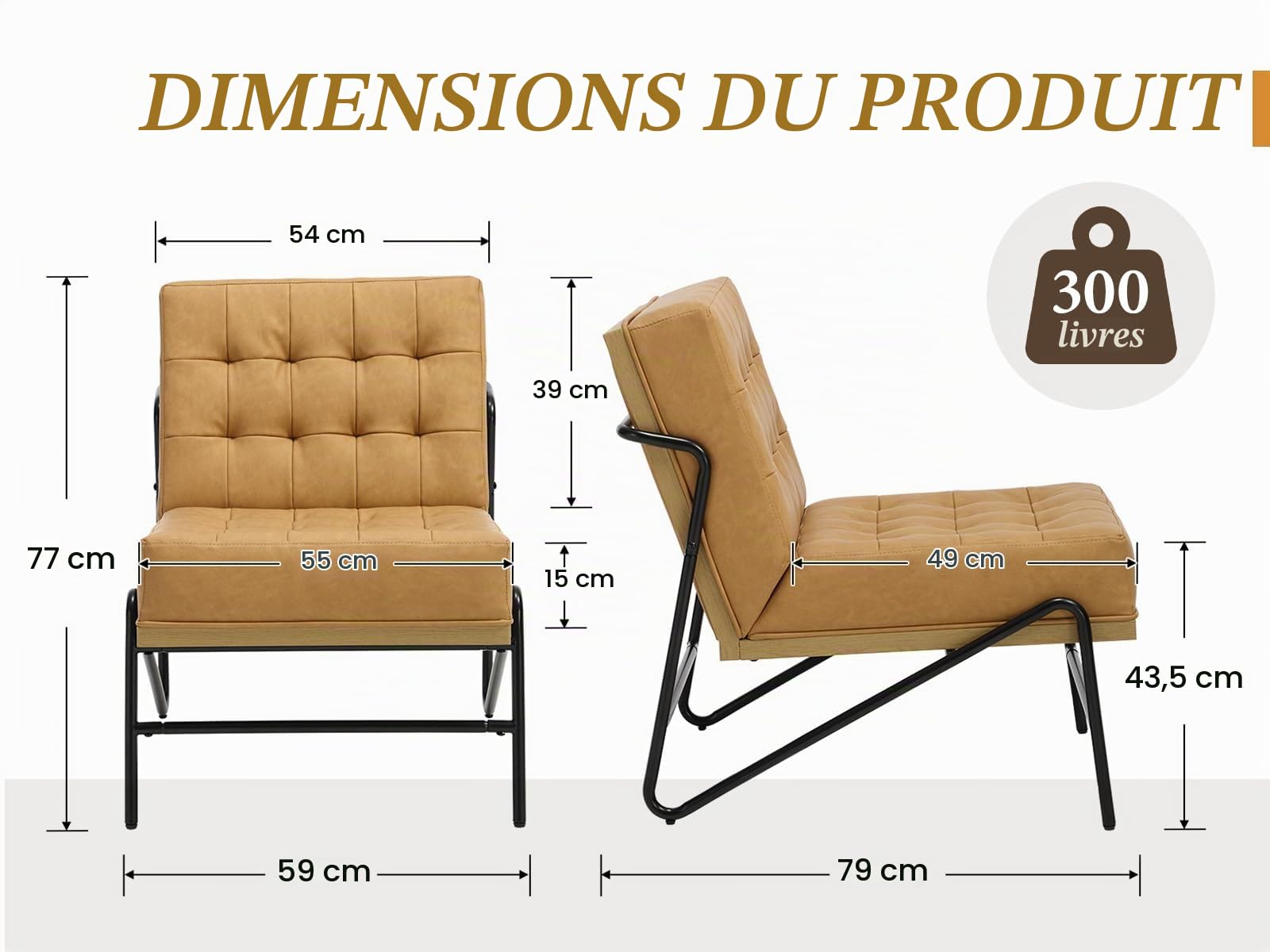 chairus Fauteuil Scandinave Cuir PU Chaise de Chambre Confortable, Marron