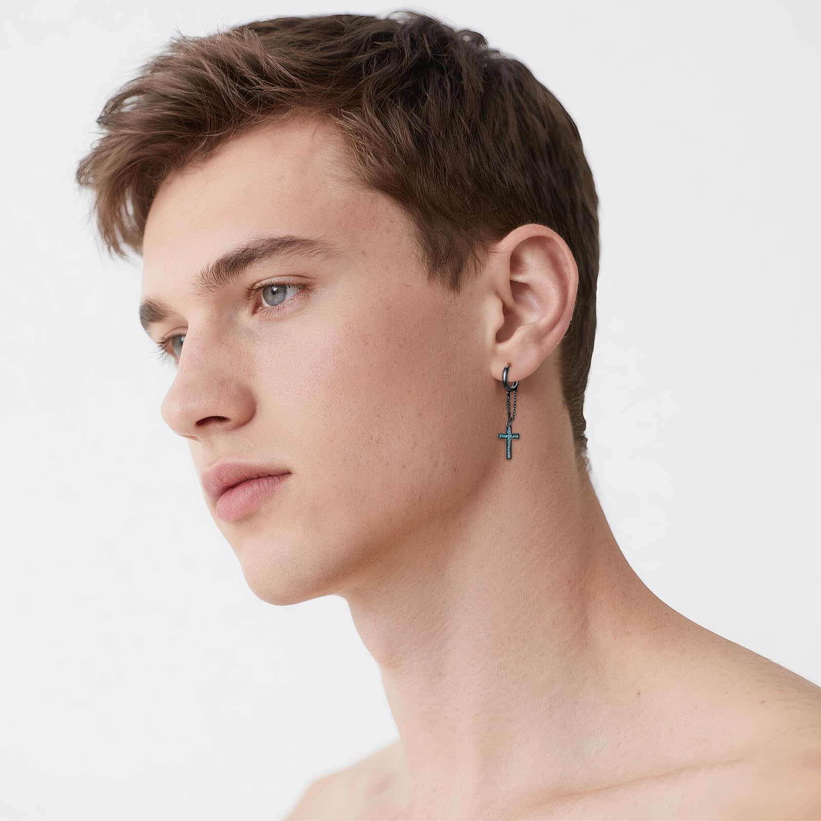 Midir&Etain Pendientes de cruz negra para hombres y mujeres, plata de ley 925, turquesa punk, cadena punk, joyería punk, regalos de cumpleaños para amigos